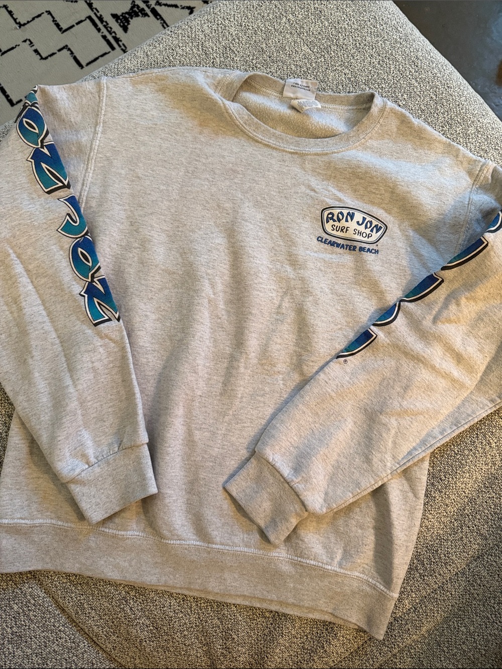 Ron Jon Gray Sweatshirt with Blue Sleeve Graphics